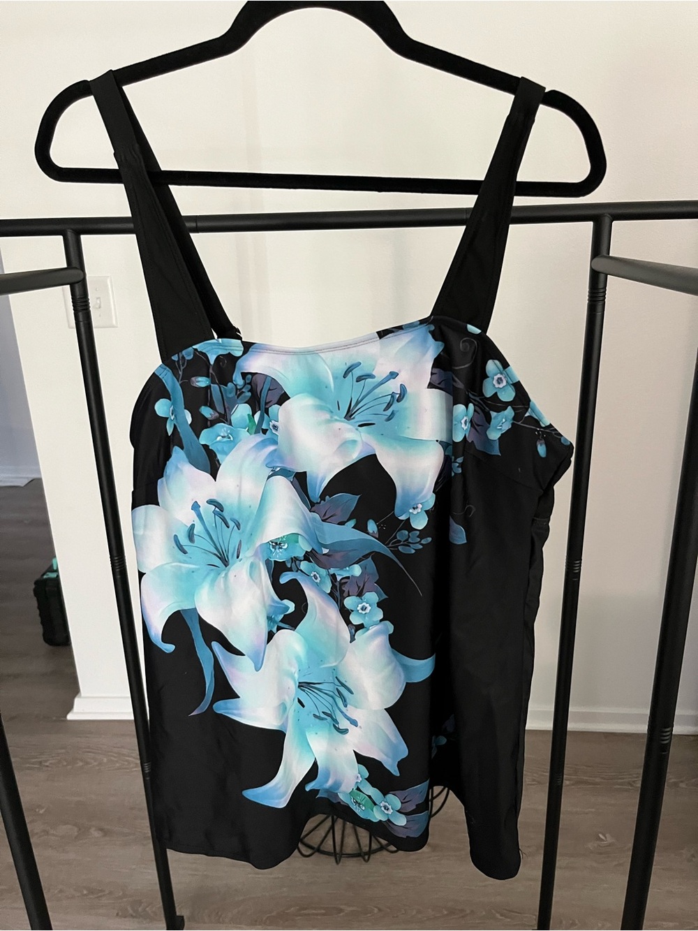 Black Swim Top with Aqua Floral Print